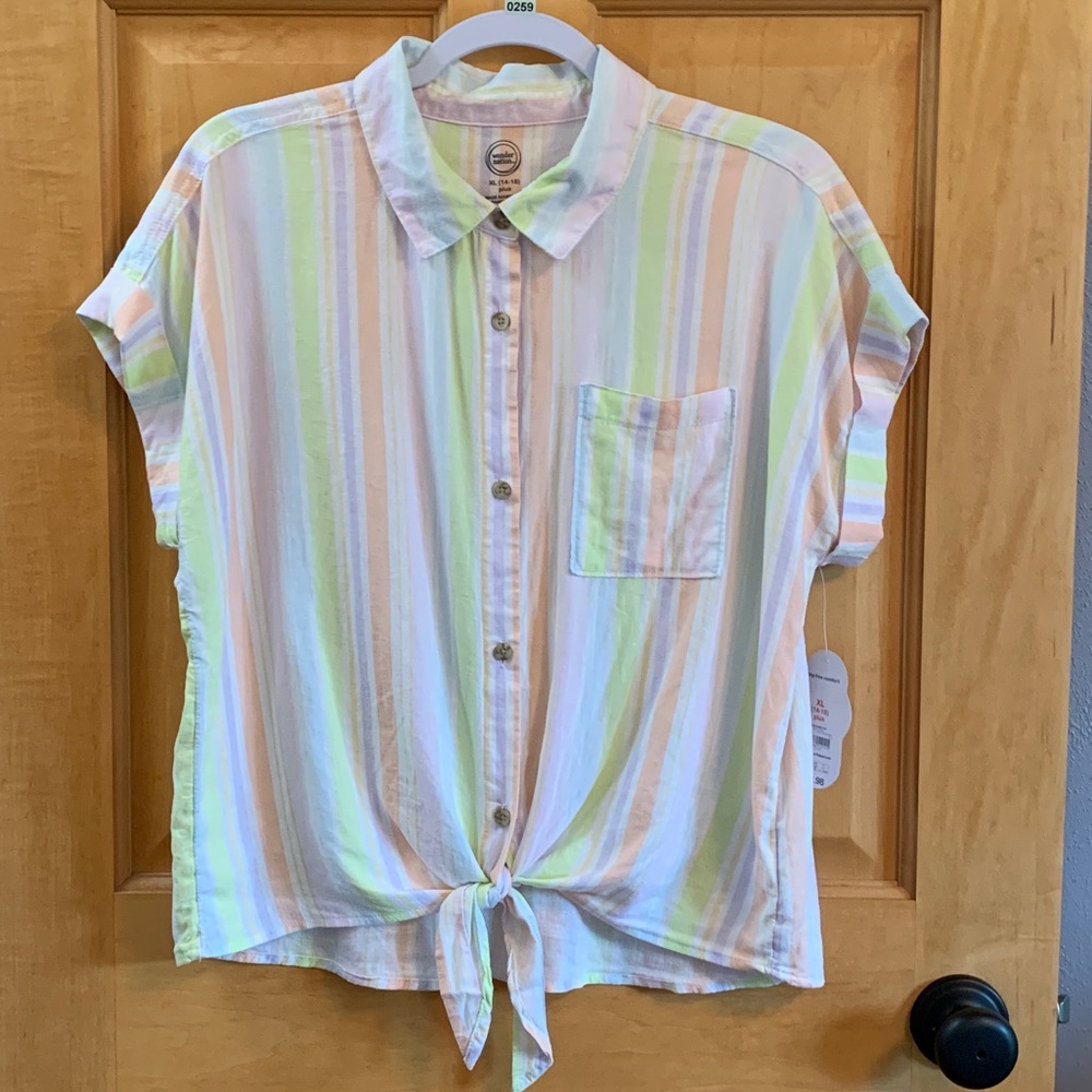 (K259) NWT, Wonder Nation Girls Plus Sz 14-16 Linen Camp Top, Tie Front 1 pocket